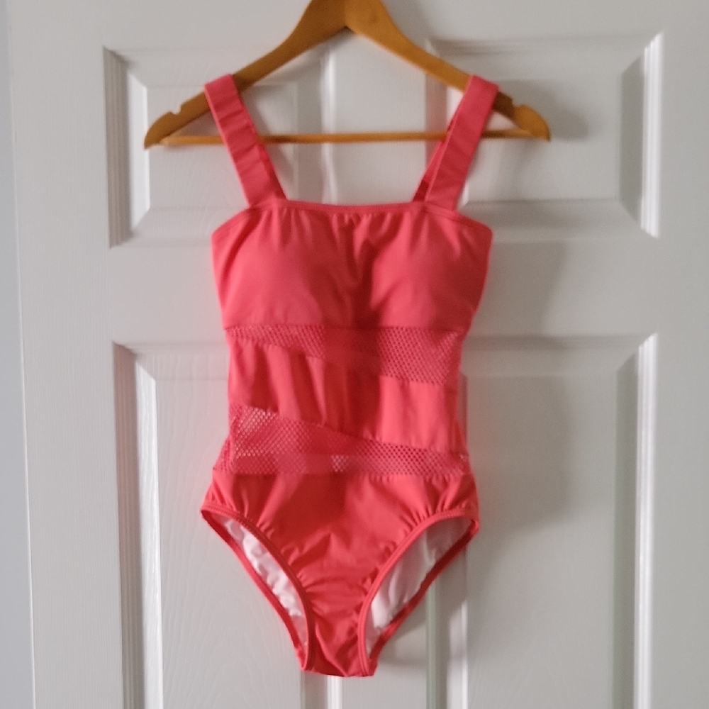 Coral One-Piece Swimsuit with Mesh Insets